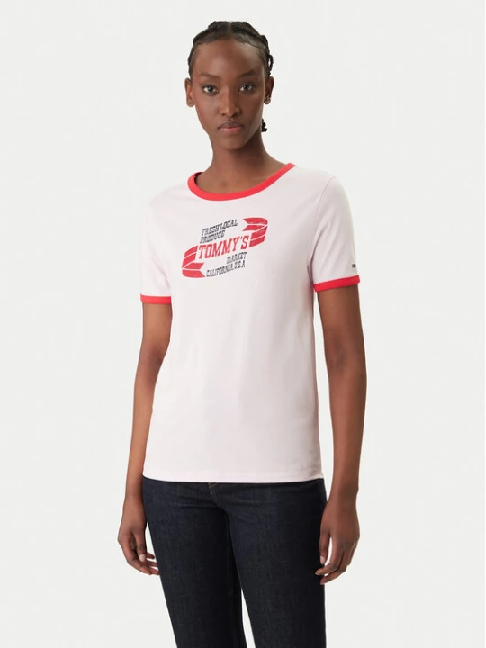 Zdjęcie produktu Tommy Jeans T-Shirt Wavy Flag Contrast Ringer DW0DW22306 Różowy Regular Fit