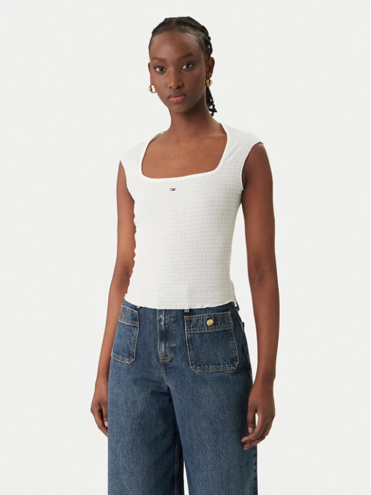 Zdjęcie produktu Tommy Jeans Top Smock Seersucker DW0DW22220 Biały Slim Fit