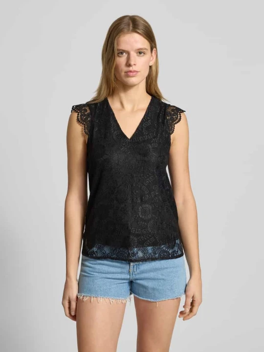 Zdjęcie produktu Top bluzkowy o kroju slim fit z koronkowym obszyciem model ‘OLLINE’ Pieces Czarny