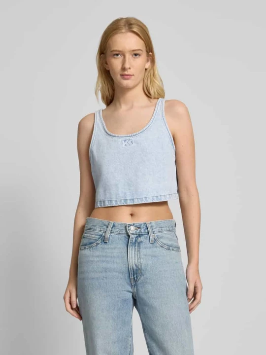 Zdjęcie produktu Top krótki z imitacji dzianiny Karo Kauer Jeansowy niebieski