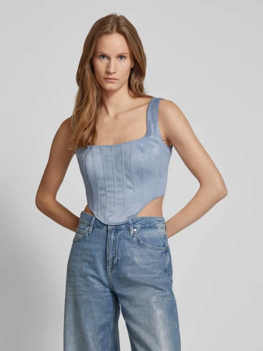 Zdjęcie produktu Top krótki z prostokątnym dekoltem model ‘ORIOLA’ Guess Jeansowy niebieski