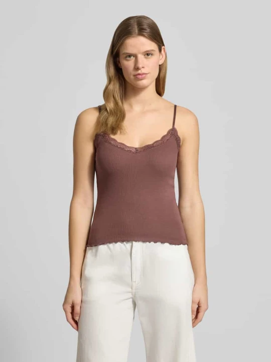 Zdjęcie produktu Top o kroju slim fit z mieszanki wiskozy z obszyciem koronką REVIEW Ciemnobrązowy