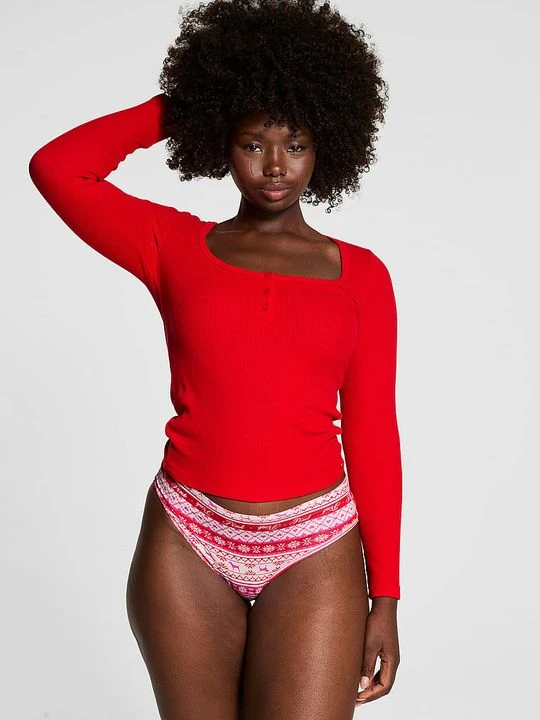 Zdjęcie produktu PINK Top piżamowy bawełniany Thermal Henley Victoria's Secret Czerwony