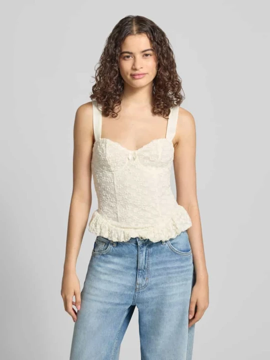 Zdjęcie produktu Top w kroju slim fit z obszyciem z koronki na całej powierzchni Gina Tricot Złamany biały