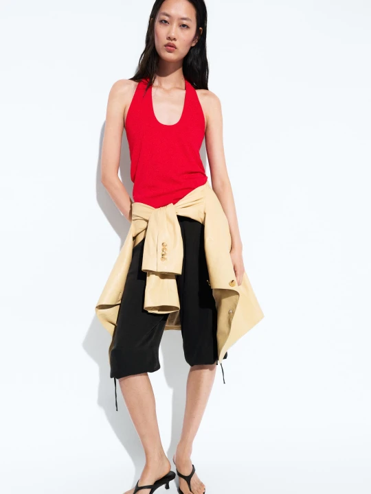 Zdjęcie produktu Top Z Dekoltem Halter Z Mieszanki Bawełny I Modalu - Czerwony - Massimo Dutti - Female