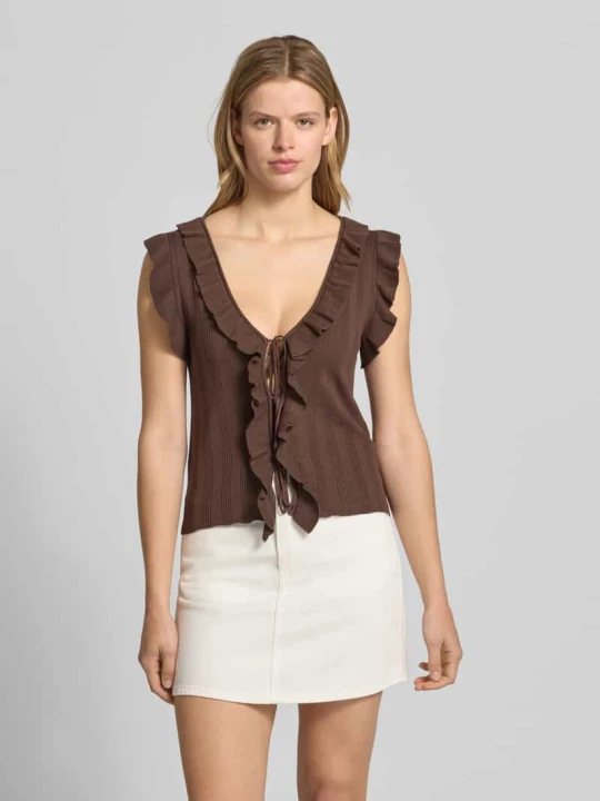 Zdjęcie produktu Top z dzianiny o kroju slim fit z mieszanka wiskozy model 'NELLY' Only Czekoladowy