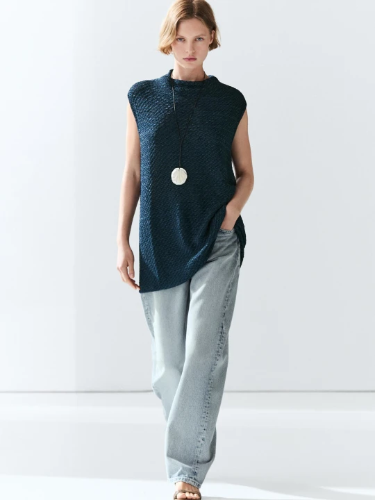 Zdjęcie produktu Top Z Golfem Z Mieszanki Bawełny - Ciemnoniebieski - Massimo Dutti - Female