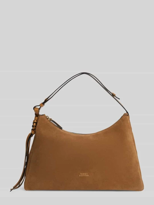 Zdjęcie produktu Torba do ręki z naturalnej skóry welurowej z detalem z logo Tommy Hilfiger Koniakowy