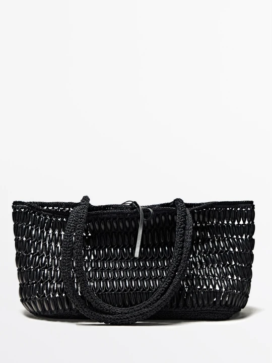 Zdjęcie produktu Torba Shopper Z Drewnianymi Elementami - Czarny - Massimo Dutti - Female