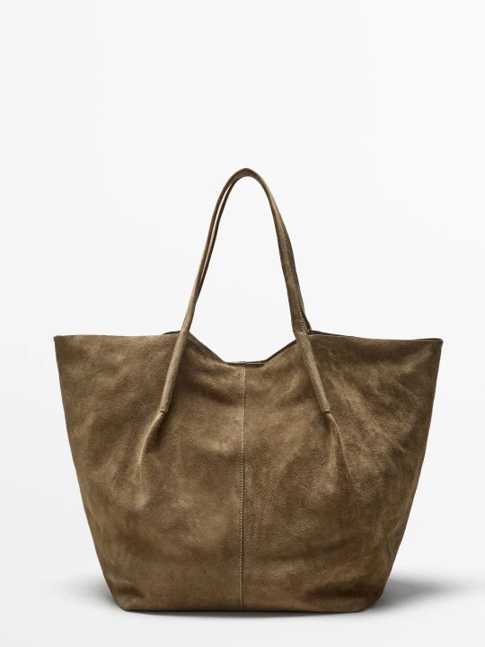 Zdjęcie produktu Torba Tote Ze Skóry Zamszowej - Piaskowy - Massimo Dutti - Male