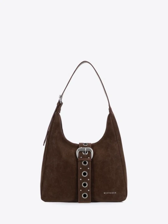 Zdjęcie produktu Torebka na ramię w stylu hobo z dekoracyjnym paskiem ciemny brąz Wittchen