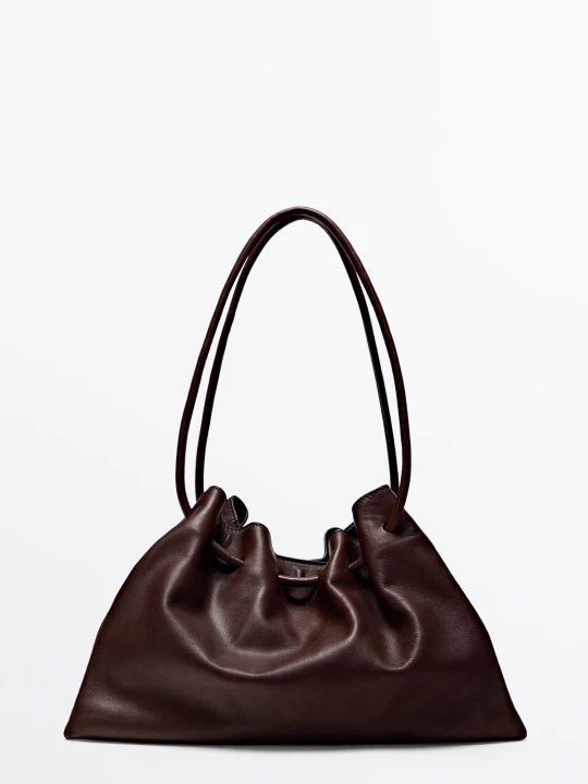 Zdjęcie produktu Torebka Ze Skóry Nappa Z Falbaną - Brązowy - Massimo Dutti - Female