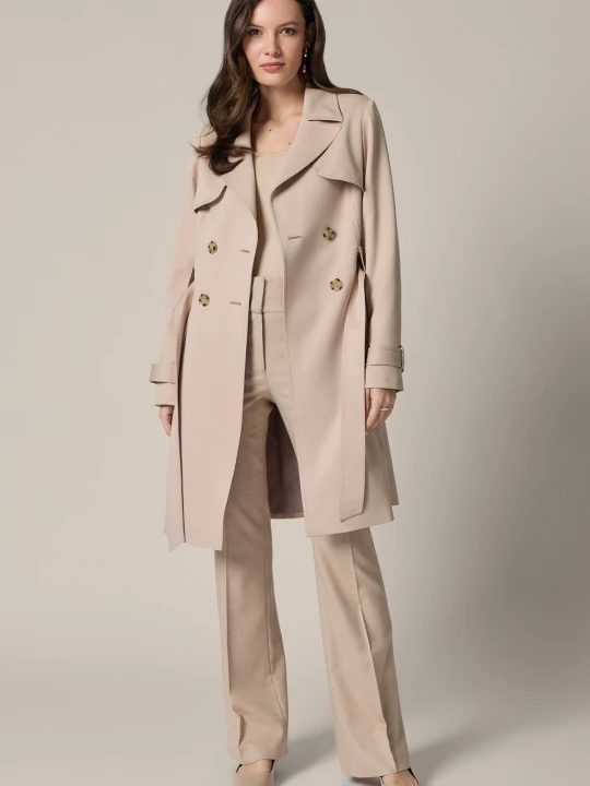 Zdjęcie produktu Trencz Beżowy Damski Dwurzędowy z Paskiem Concetta Lancerto