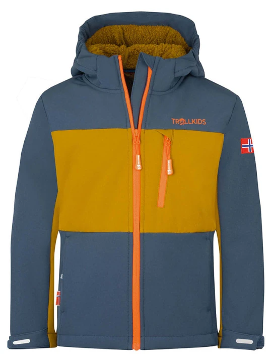 Zdjęcie produktu Trollkids Kurtka softshellowa "Bergsfjord" w kolorze niebiesko-jasnobrązowym rozmiar: 128
