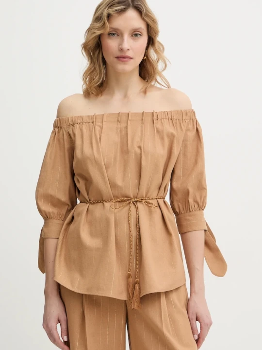 Zdjęcie produktu Twinset bluzka z domieszką lnu brązowy