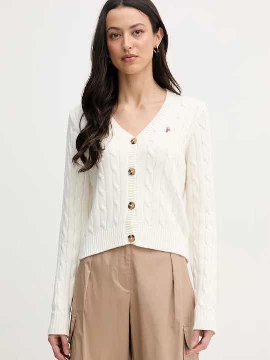 Zdjęcie produktu U.S. Polo Assn. kardigan damski bawełniany CABLE KNIT beżowy