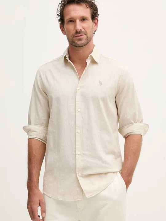 Zdjęcie produktu U.S. Polo Assn. koszula safari męska z lnem LINEN BLEND LS beżowy
