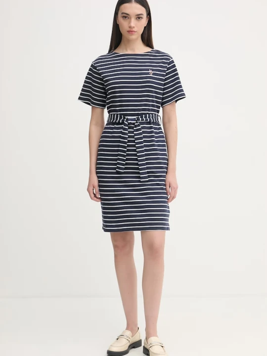 Zdjęcie produktu U.S. Polo Assn. sukienka bawełniana BOAT NECK BOXY SLEEVE STRIPE MIDI granatowy