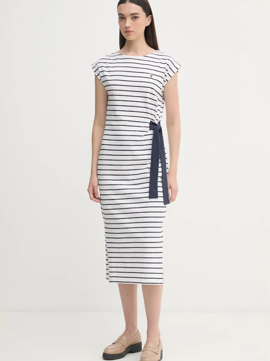 Zdjęcie produktu U.S. Polo Assn. sukienka bawełniana GROWN ON SLEEVE TIE-DETAIL STRIPE MIDI biały