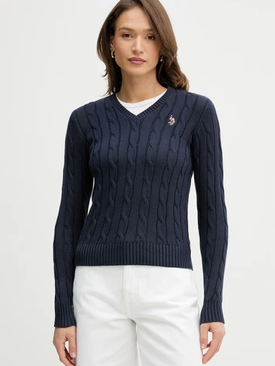 Zdjęcie produktu U.S. Polo Assn. sweter damski bawełniany V-NECK CABLE granatowy