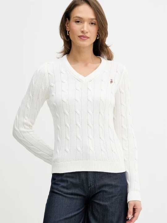 Zdjęcie produktu U.S. Polo Assn. sweter damski bawełniany V-NECK CABLE beżowy