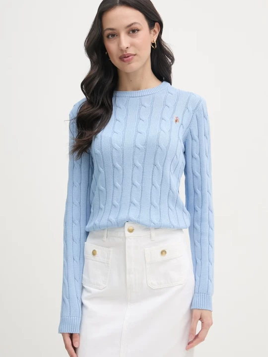 Zdjęcie produktu U.S. Polo Assn. sweter damski bawełniany CREW NECK CABLE niebieski