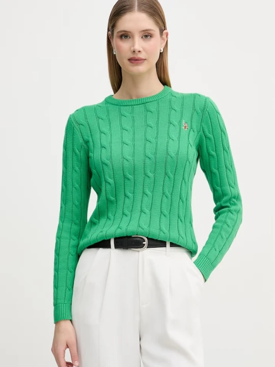 Zdjęcie produktu U.S. Polo Assn. sweter damski bawełniany CREW NECK CABLE zielony