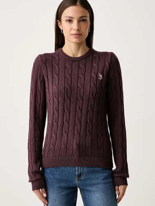 Zdjęcie produktu U.S. Polo Assn. sweter damski bawełniany CREW NECK CABLE bordowy