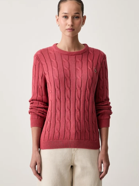 Zdjęcie produktu U.S. Polo Assn. sweter damski bawełniany CREW NECK CABLE czerwony