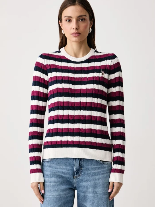 Zdjęcie produktu U.S. Polo Assn. sweter damski bawełniany Stripe Crew Neck Cable biały