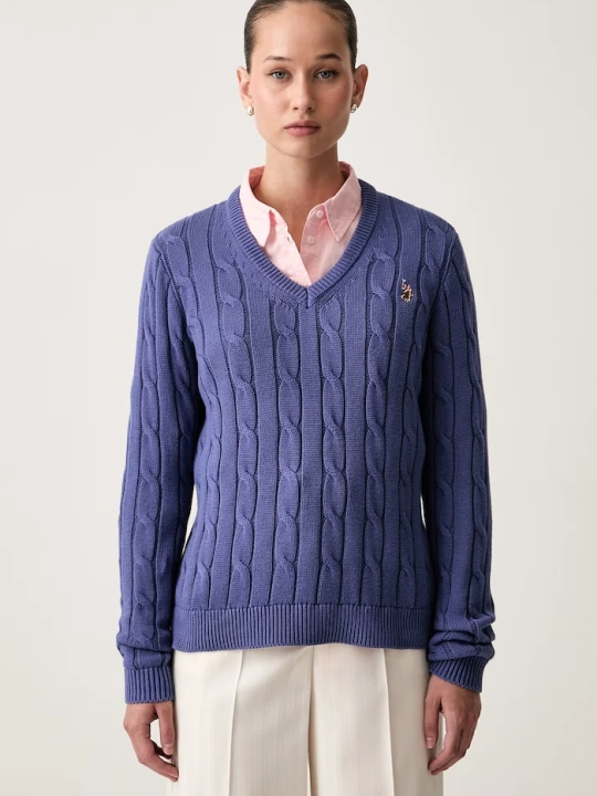 Zdjęcie produktu U.S. Polo Assn. sweter damski bawełniany V-NECK CABLE niebieski
