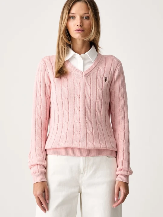 Zdjęcie produktu U.S. Polo Assn. sweter damski bawełniany V-NECK CABLE różowy