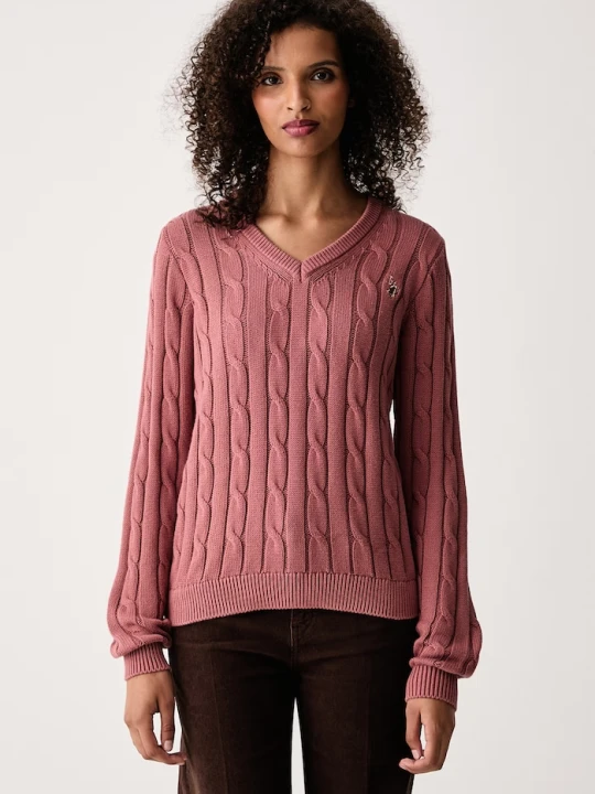 Zdjęcie produktu U.S. Polo Assn. sweter damski bawełniany V-NECK CABLE różowy
