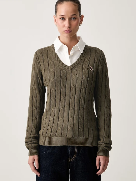 Zdjęcie produktu U.S. Polo Assn. sweter damski bawełniany V-NECK CABLE zielony