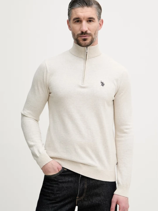 Zdjęcie produktu U.S. Polo Assn. sweter męski bawełniany COTTON 1 / 4 ZIP NECK beżowy