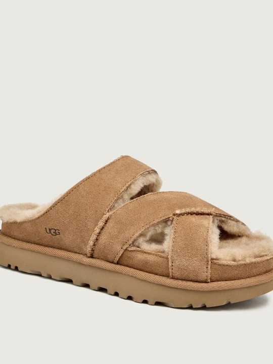 Zdjęcie produktu UGG Ocieplane klapki W GREENPORT CROSS STRAP SLIDE | zamsz | z dodatkiem wełny beżowy
