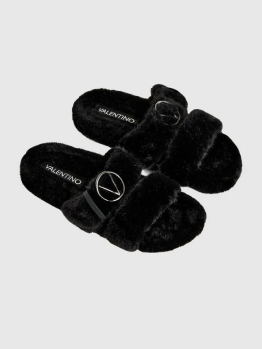 Zdjęcie produktu VALENTINO Czarne klapki damskie z syntetycznego futerka, Rozmiar 39