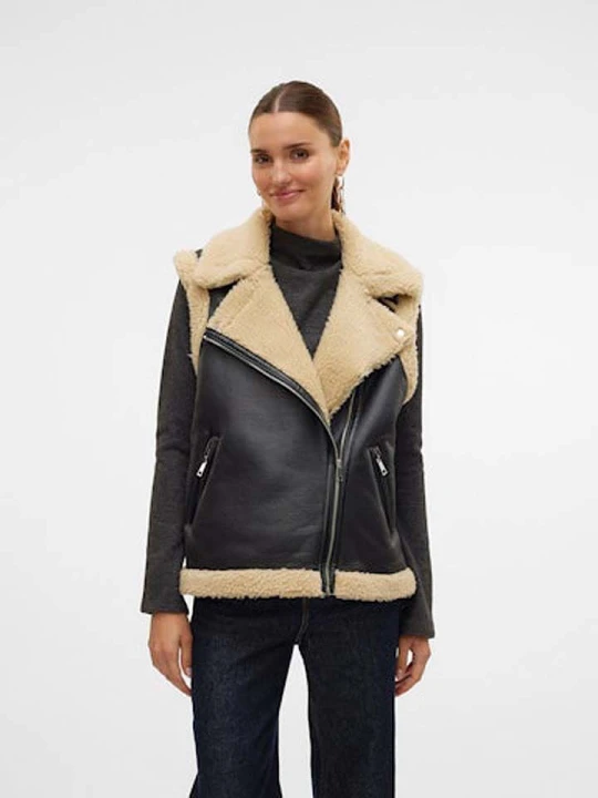 Zdjęcie produktu Vero Moda Kamizelka "Peggy" w kolorze czarno-beżowym ze skóry syntetycznej rozmiar: M
