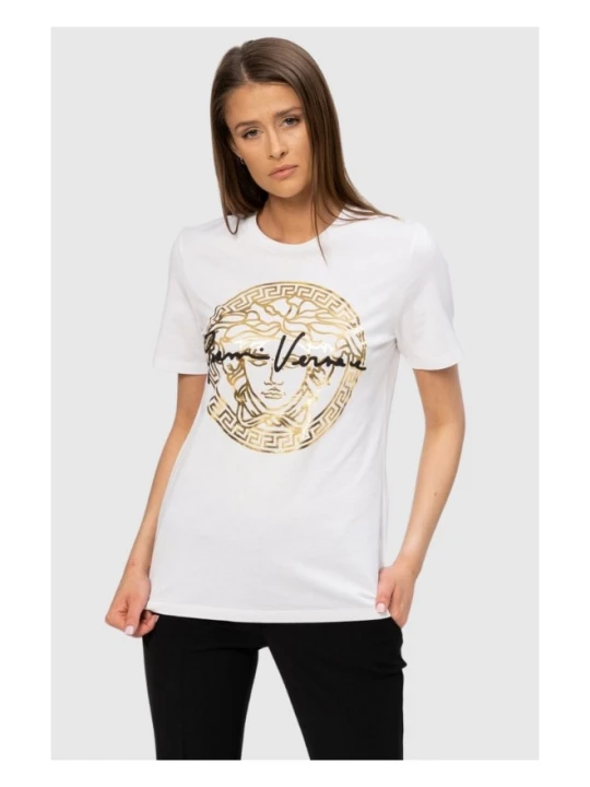 Zdjęcie produktu VERSACE Biały t-shirt damski ze złotą meduzą, Rozmiar 40