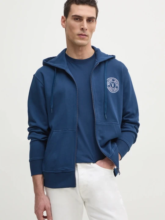 Zdjęcie produktu Versace Jeans Couture bluza rozpinana z kapturem męska bawełniana granatowy