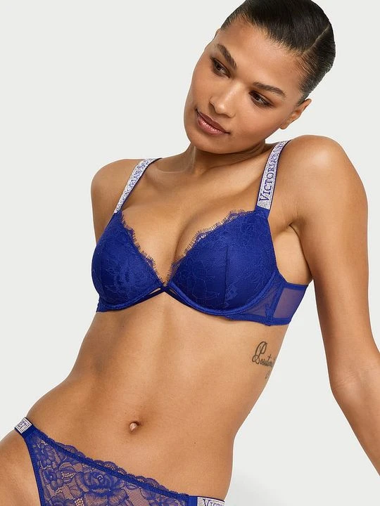 Zdjęcie produktu Very Sexy Biustonosz lekko usztywniany koronkowy z błyszczącymi ramiączkami Shine Strap Demi Victoria's Secret Niebieski