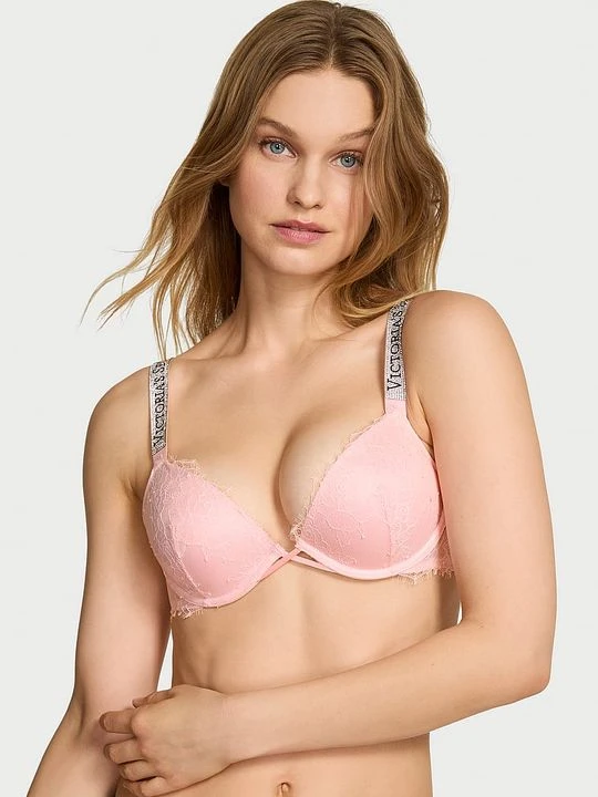 Zdjęcie produktu Very Sexy Biustonosz push-up koronkowy z błyszczącymi ramiączkami Shine Strap Victoria's Secret Różowy