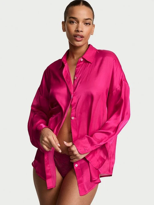 Zdjęcie produktu Victoria's Secret Bluzka koszulowa satynowa prześwitująca Luxe Sheer Różowy