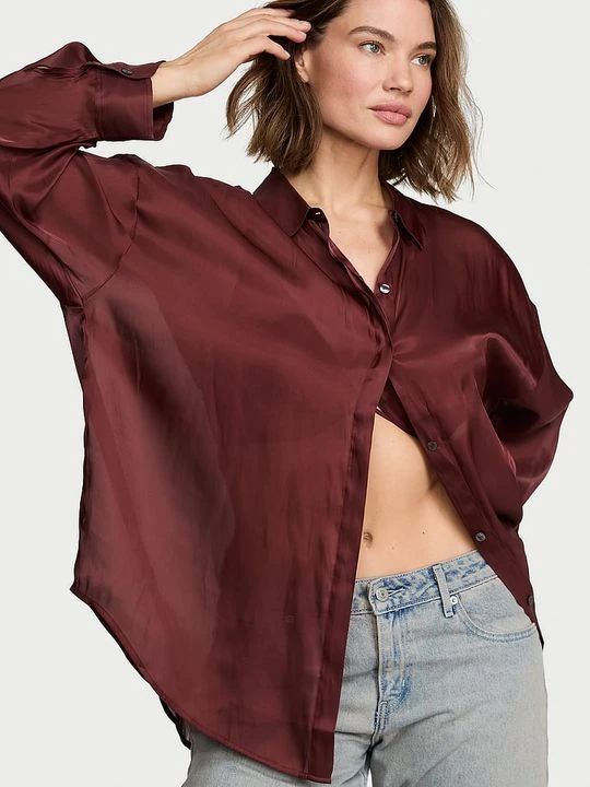 Zdjęcie produktu Victoria' Secret Bluzka koszulowa satynowa prześwitująca Luxe Sheer Victoria's Secret Brązowy