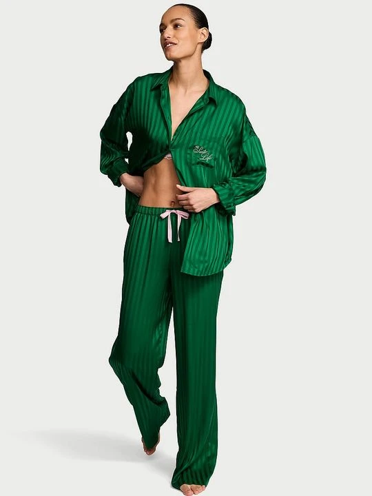 Zdjęcie produktu Victoria's Secret Piżama satynowa z długimi rękawami Signature Oversized Zielony