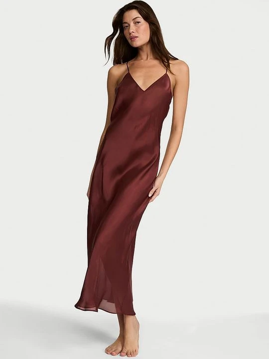 Zdjęcie produktu Victoria's Secret Sukienka satynowa długa prześwitująca Luxe Sheer Slip Brązowy
