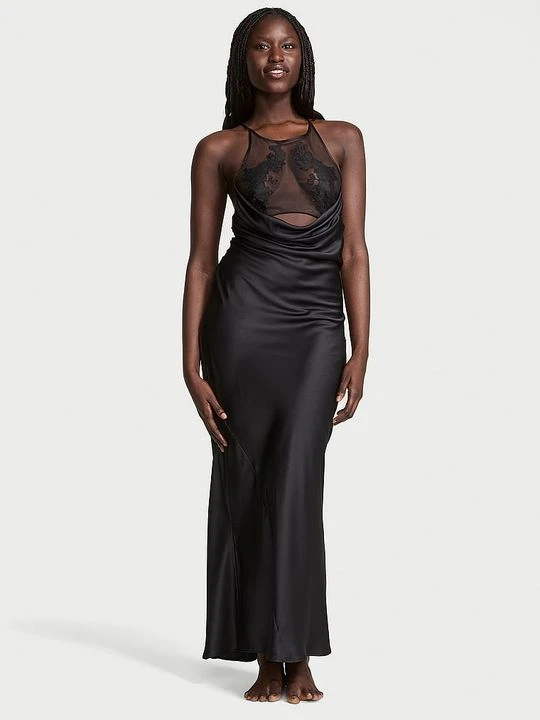 Zdjęcie produktu Victoria's Secret Suknia satynowa maxi z koronkowym dekoltem Sheer Rose Czarny