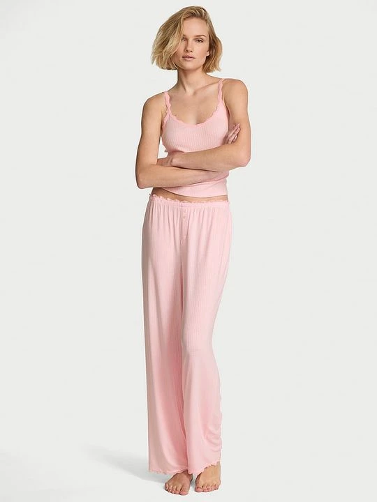 Zdjęcie produktu Victoria's Secret Zestaw do spania - top na ramiączkach i długie spodnie Pointelle Różowy