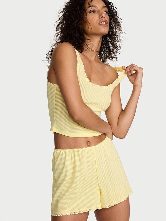 Zdjęcie produktu Victoria's Secret Zestaw do spania z bawełny - top i szorty Shadow Stripe Żółty