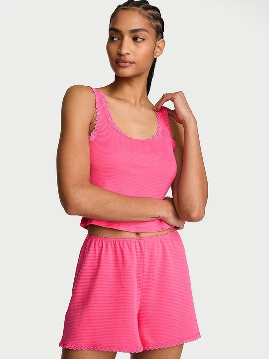 Zdjęcie produktu Victoria's Secret Zestaw do spania z bawełny - top i szorty Shadow Stripe Różowy